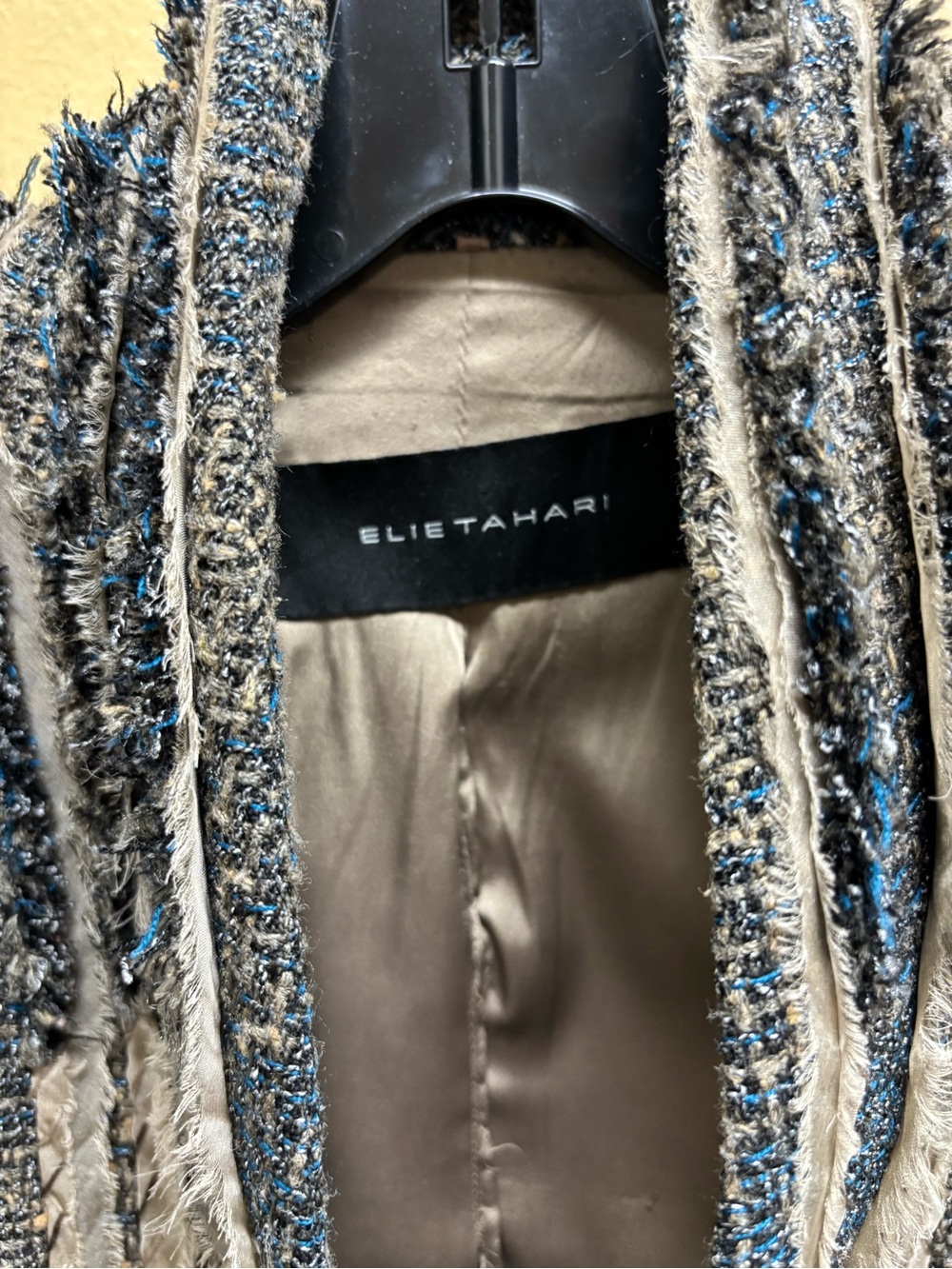 Elie Tahari Blue & Gray Tweed Fringe Collar Blazer - Picture 2 of 6